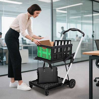 2-Tier Collapsible Utility Carts with Wheels & Removable Storage Crate, Green