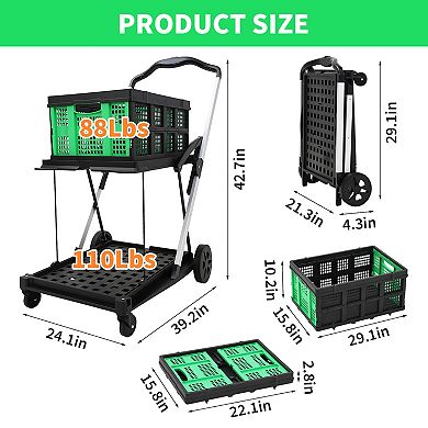2-Tier Collapsible Utility Carts with Wheels & Removable Storage Crate, Green