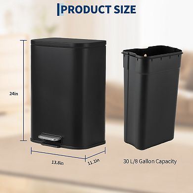 8 Gallon Stainless Steel Step-on Trash Can with Soft-Close Lid & Removable Inner Bucket, Black