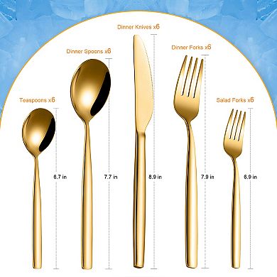 30pcs Stainless Steel Flatware Set for 6 with Mirror Polish, Dishwasher Safe, Gold