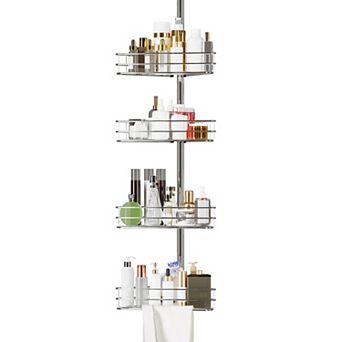 Corner Shower Caddy Tension Pole, 76 in-110 in Adjustable Bathroom Organizer Shelves, 4 tier Silver