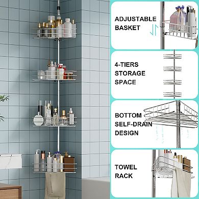 Corner Shower Caddy Tension Pole, 76 in-110 in Adjustable Bathroom Organizer Shelves, 4-Tier, Silver