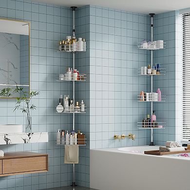Corner Shower Caddy Tension Pole, 76 in-110 in Adjustable Bathroom Organizer Shelves, 4-Tier, Silver