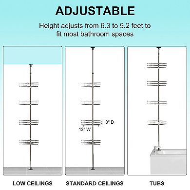Corner Shower Caddy Tension Pole, 76 in-110 in Adjustable Bathroom Organizer Shelves, 4-Tier, Silver