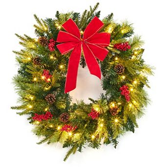 24 Inch Christmas Wreath with 50 LED Lights, Red Bow and Berries for Front Door, Wall, Window