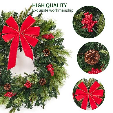 24 Inch Christmas Wreath with 50 LED Lights, Red Bow and Berries for Front Door, Wall, Window
