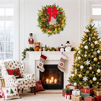 24 Inch Christmas Wreath with 50 LED Lights, Red Bow and Berries for Front Door, Wall, Window