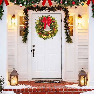 24 Inch Christmas Wreath with 50 LED Lights, Red Bow and Berries for Front Door, Wall, Window