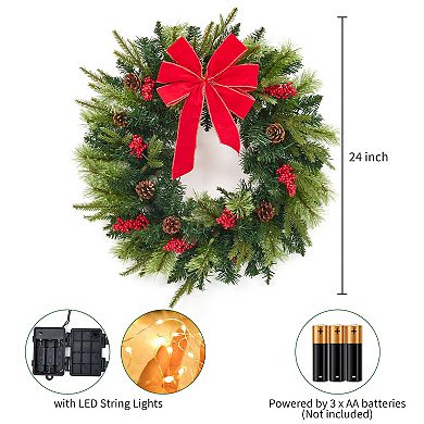 24 Inch Christmas Wreath with 50 LED Lights, Red Bow and Berries for Front Door, Wall, Window