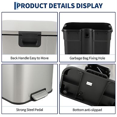13.2 Gallon Stainless Steel Step-on Trash Can with Soft-Close Lid & Removable Inner Bucket, Silver