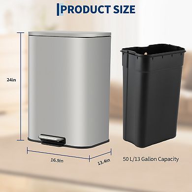 13.2 Gallon Stainless Steel Step-on Trash Can with Soft-Close Lid & Removable Inner Bucket, Silver