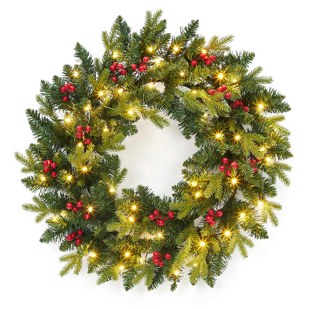 24 Inch Christmas Wreath with Red Berries and 50 LED Lights for Front ...