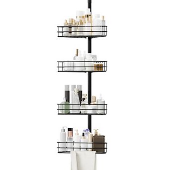 Corner Shower Caddy Tension Pole, 76 in-110 in Adjustable Bathroom Organizer Shelves, 4 tier Black