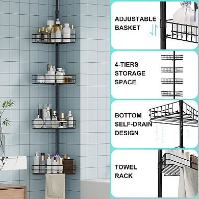 Corner Shower Caddy Tension Pole, 76 in-110 in Adjustable Bathroom Organizer Shelves, 4-Tier, Black