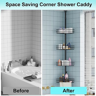 Corner Shower Caddy Tension Pole, 76 in-110 in Adjustable Bathroom Organizer Shelves, 4-Tier, Black