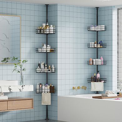 Corner Shower Caddy Tension Pole, 76 in-110 in Adjustable Bathroom Organizer Shelves, 4-Tier, Black