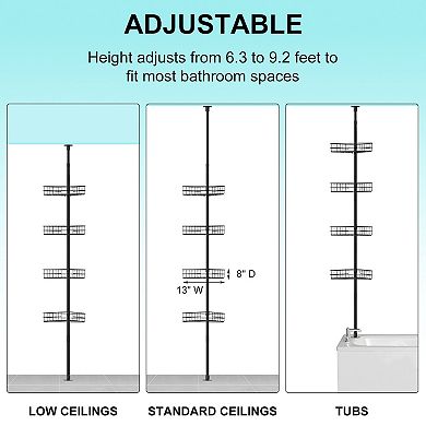 Corner Shower Caddy Tension Pole, 76 in-110 in Adjustable Bathroom Organizer Shelves, 4-Tier, Black