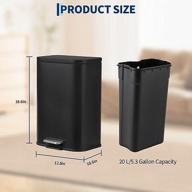 5.3 Gallon Stainless Steel Step-on Trash Can with Soft-Close Lid & Removable Inner Bucket, Black