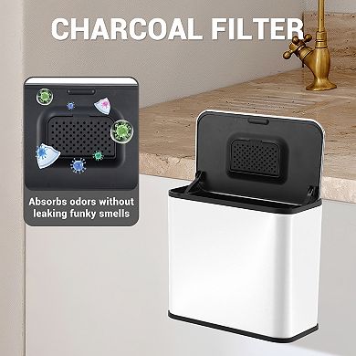 1.3 Gallon Stainless Steel Trash Can with Manual Lift Lid, Inner Bucket and Charcoal Filter, White