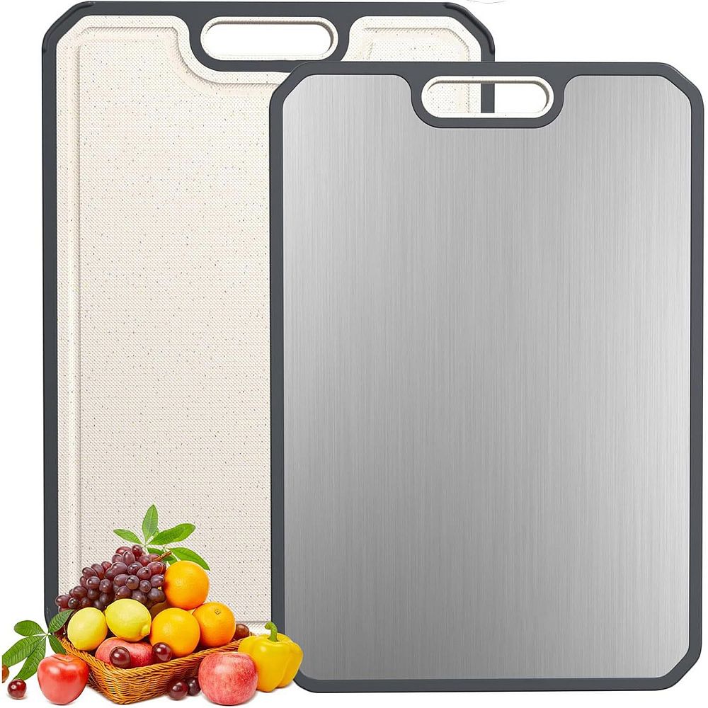 Double-Sided Stainless Steel Cutting Board with Deep Juice Grooves & Built-In Handles, 15"x10", 1pc