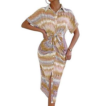 Womens Summer Casual Striped Button Down Maxi Dress Tie Waist Short Sleeve Shirt Dress