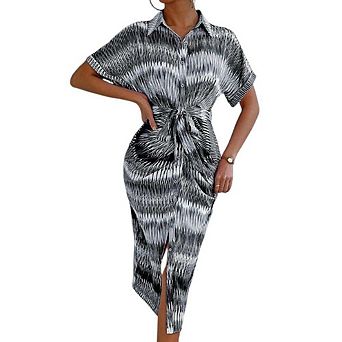 Womens Summer Casual Striped Button Down Maxi Dress Tie Waist Short Sleeve Shirt Dress