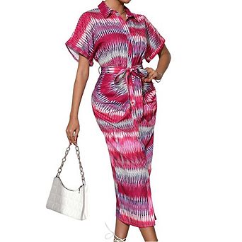 Womens Summer Casual Striped Button Down Maxi Dress Tie Waist Short Sleeve Shirt Dress