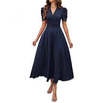 Women Summer Dresses V Neck Short Sleeve A Line Dress Elegant Plain Wedding Guest Midi Dress