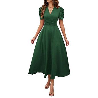 Women Summer Dresses V Neck Short Sleeve A Line Dress Elegant Plain Wedding Guest Midi Dress