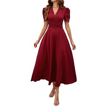 Women Summer Dresses V Neck Short Sleeve A Line Dress Elegant Plain Wedding Guest Midi Dress