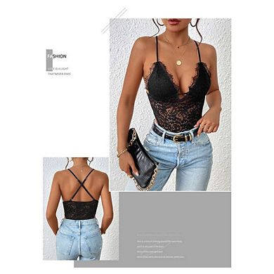 Women's Floral Lace Scallop Spaghetti Strap Sleeveless Sheer Tank Cami Top Blouse