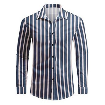 Men's Formal Casual Slim Fit Button Down Stripe Checked Long Sleeve Shirt