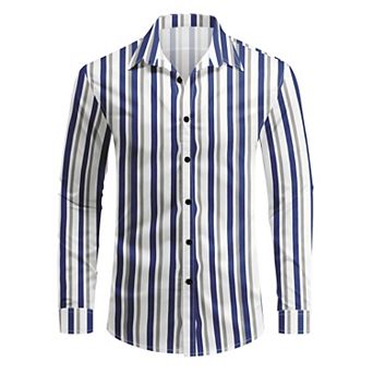 Men's Formal Casual Slim Fit Button Down Stripe Checked Long Sleeve Shirt