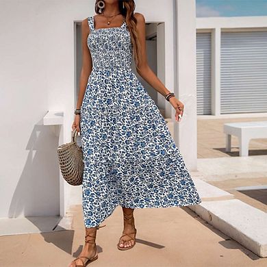 Womens Summer Dress Floral Maxi Casual Dress Sleeveless Spaghetti Strap Ruffle Beach Long Dresses
