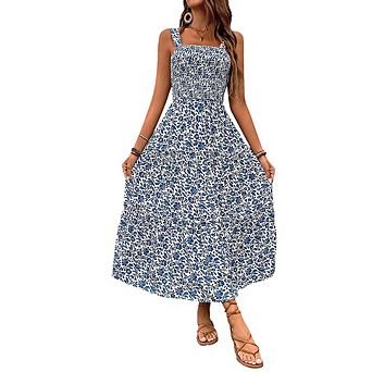 Womens Summer Dress Floral Maxi Casual Dress Sleeveless Spaghetti Strap Ruffle Beach Long Dresses