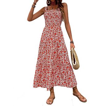 Womens Summer Dress Floral Maxi Casual Dress Sleeveless Spaghetti Strap Ruffle Beach Long Dresses
