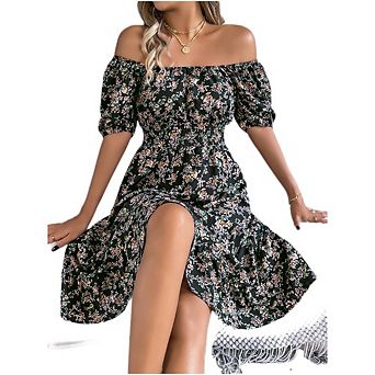 Womens Boho Floral Print Summer Dresses Square Neck Puff Sleeve Long Dress Smocked Casual Maxi Dress