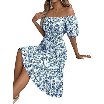 Womens Boho Floral Print Summer Dresses Square Neck Puff Sleeve Long Dress Smocked Casual Maxi Dress