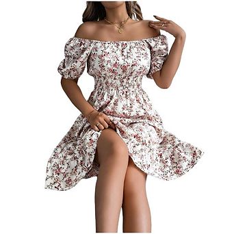 Womens Boho Floral Print Summer Dresses Square Neck Puff Sleeve Long Dress Smocked Casual Maxi Dress