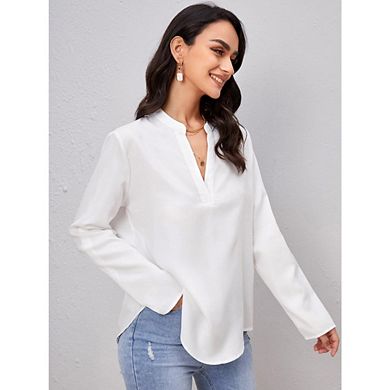 Women's V-Neck Roll-Tab Sleeve Loose Business Casual Blouse