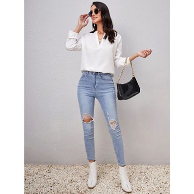 Women's V-Neck Roll-Tab Sleeve Loose Business Casual Blouse