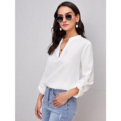 Women's V-Neck Roll-Tab Sleeve Loose Business Casual Blouse