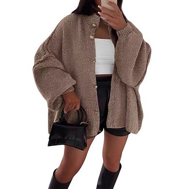 Womens Oversized Cardigans Long Lantern Sleeve Button Down Chunky Knit Loose Fall Sweater Coats