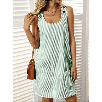 Women's Sleeveless Striped Print Button Strap Short Dress Pockets Mini Tunic Tank Dress