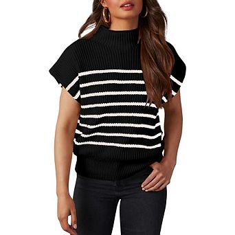Women's Mock Neck Striped Ribbed Knit Cap Sleeve Pullover