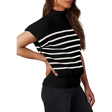 Women's Mock Neck Striped Ribbed Knit Cap Sleeve Pullover