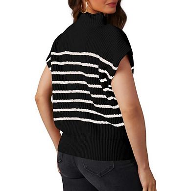 Women's Mock Neck Striped Ribbed Knit Cap Sleeve Pullover