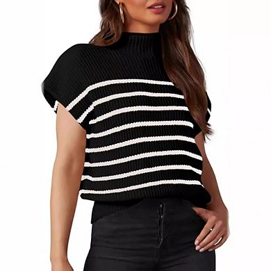 Women's Mock Neck Striped Ribbed Knit Cap Sleeve Pullover