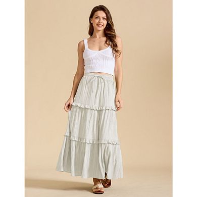 Women's High Waisted Tiered Maxi Skirt - Boho Flowy Drawstring A-Line Beach Skirt