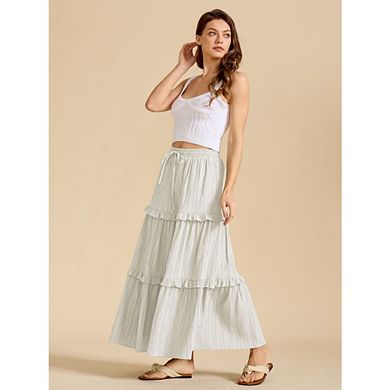 Women's High Waisted Tiered Maxi Skirt - Boho Flowy Drawstring A-Line Beach Skirt